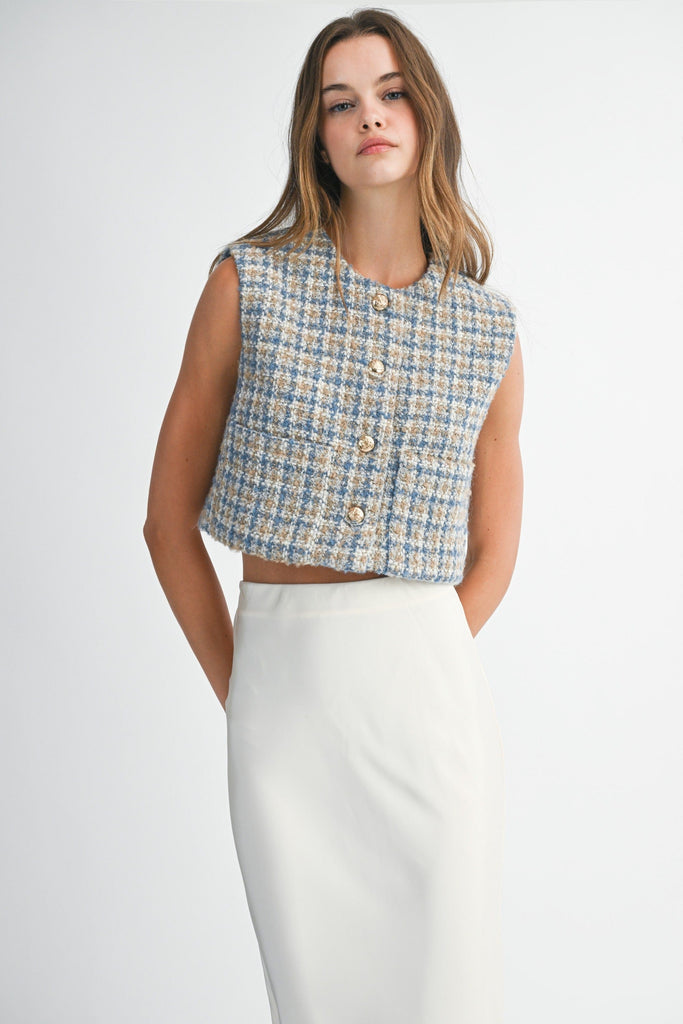 Claire Tweed Crop Vest – Teal Poppy