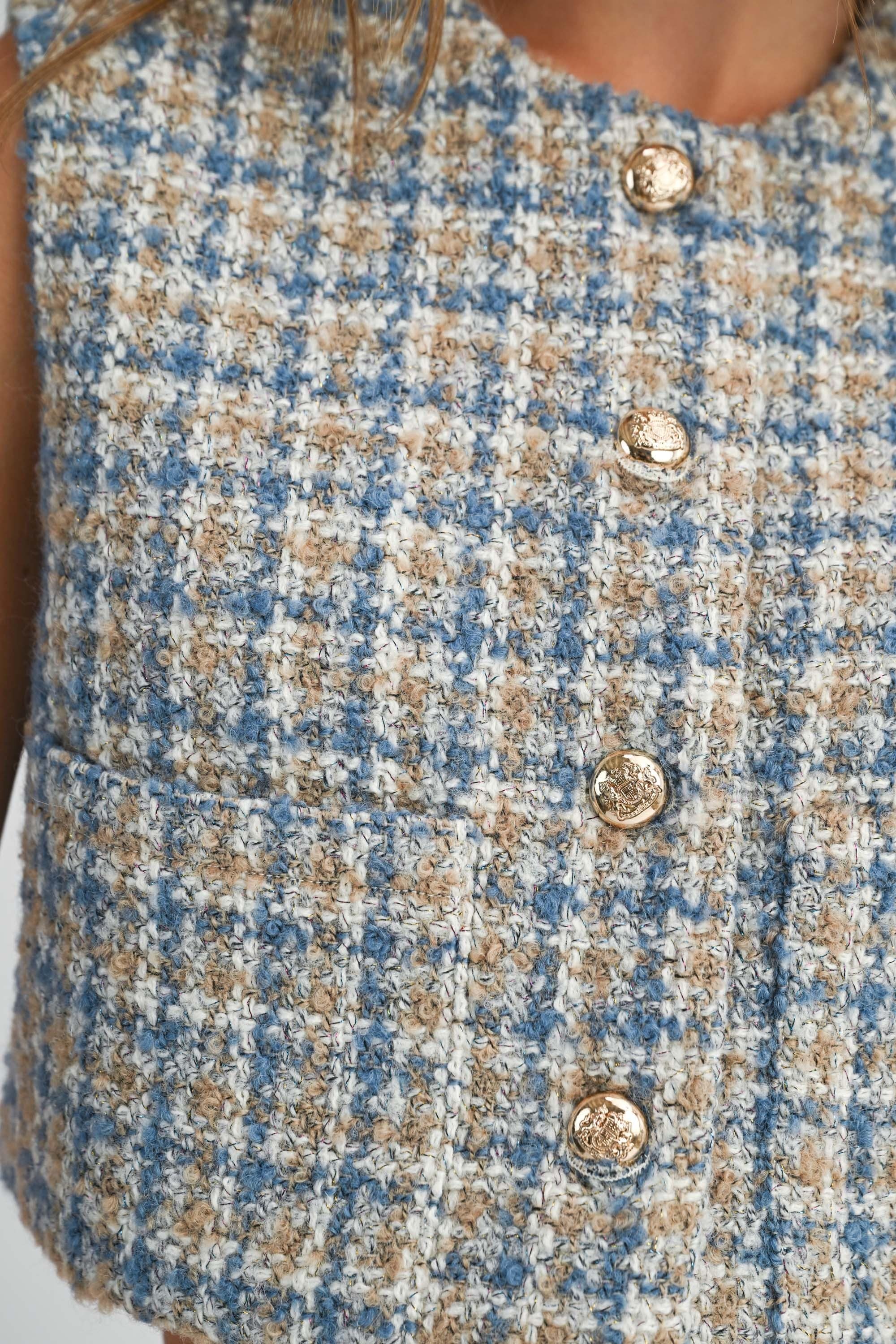 Claire Tweed Crop Vest – Teal Poppy