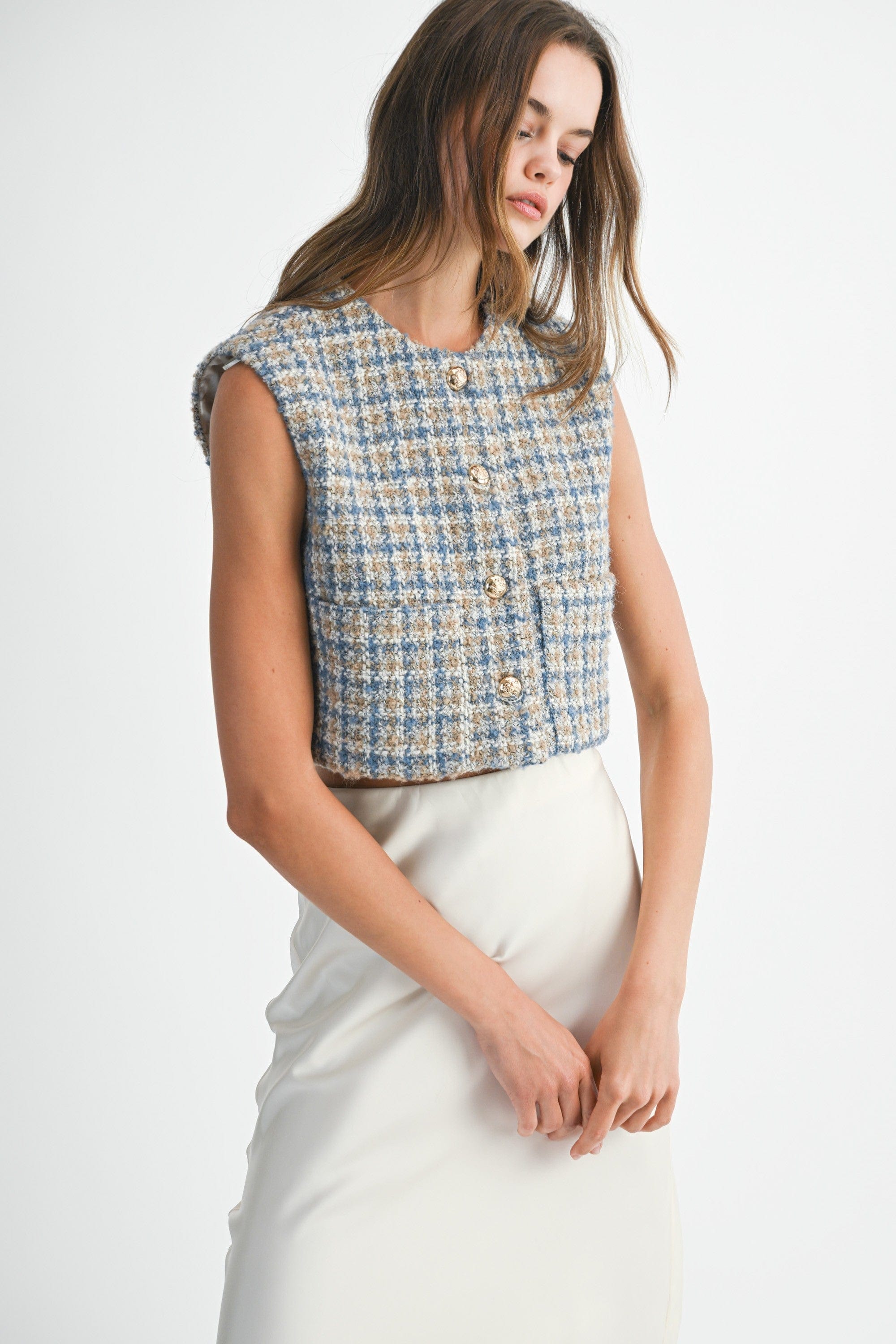 Claire Tweed Crop Vest – Teal Poppy