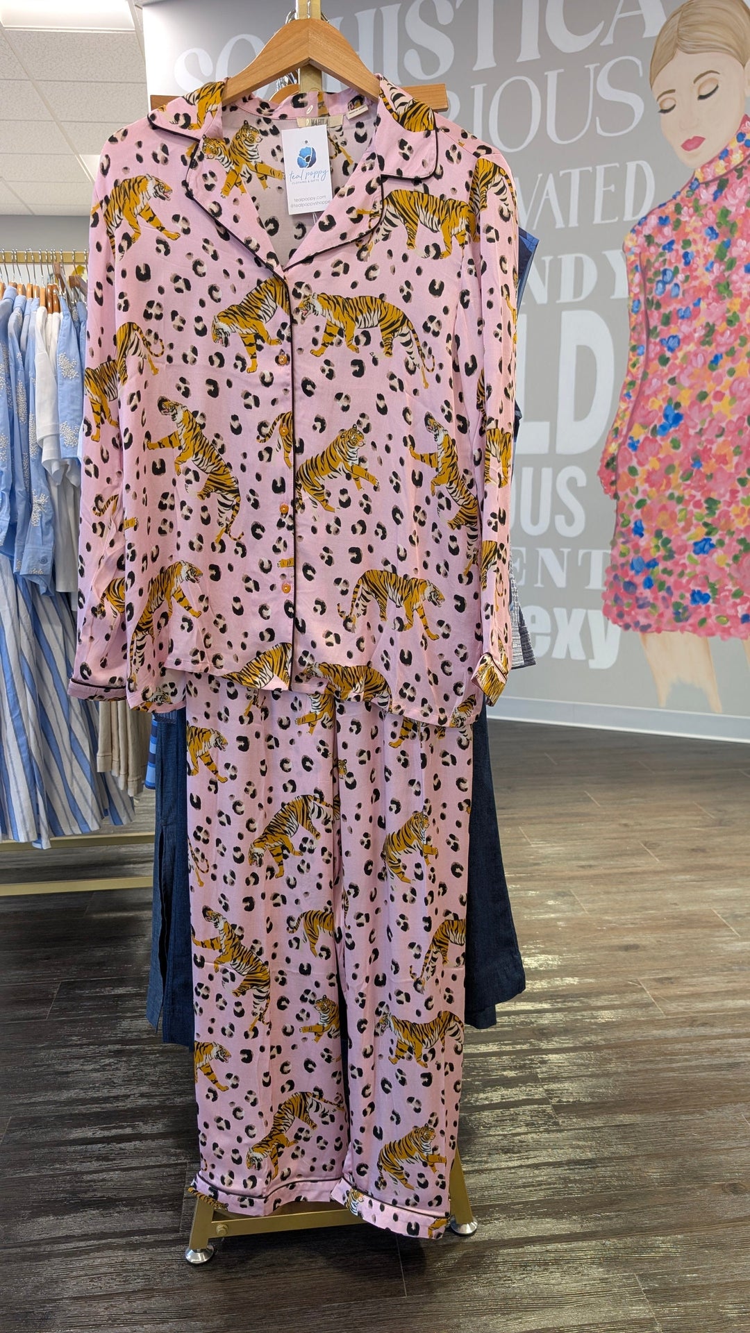Mahila pink tiger print lounge set, cozy PJ set with long sleeves and matching pants, perfect for relaxing at home.