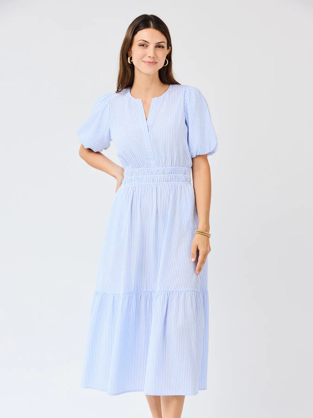 Blue and white striped Tracey Maxi Dress by Mary Square, flowing fabric with a relaxed fit and sleeveless design.