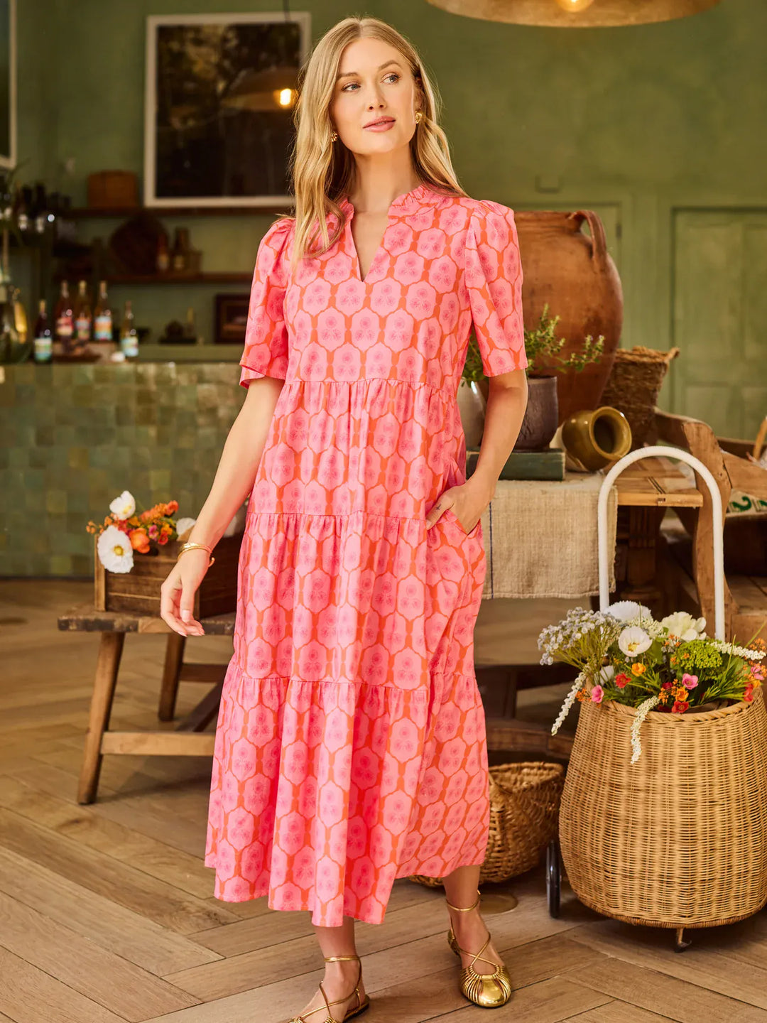 Pink Mary Square Ivy Maxi Dress with rosette charm, featuring a flowy silhouette and elegant design for casual or dressy occasions.