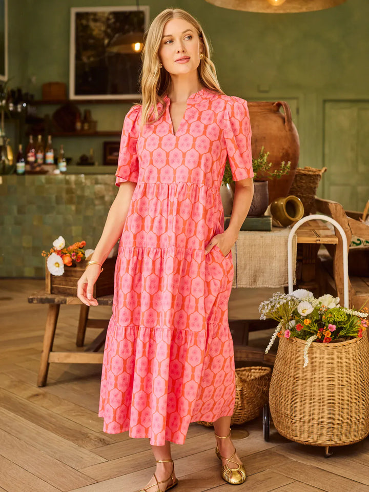 Pink Mary Square Ivy Maxi Dress with rosette charm, featuring a flowy silhouette and elegant design for casual or dressy occasions.