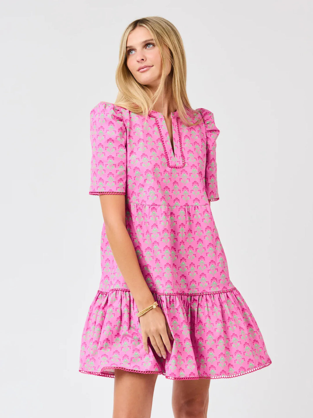 Mary Square Adelyn Midi Dress with a floral lily print, fuchsia color, and a stylish, flowing design.