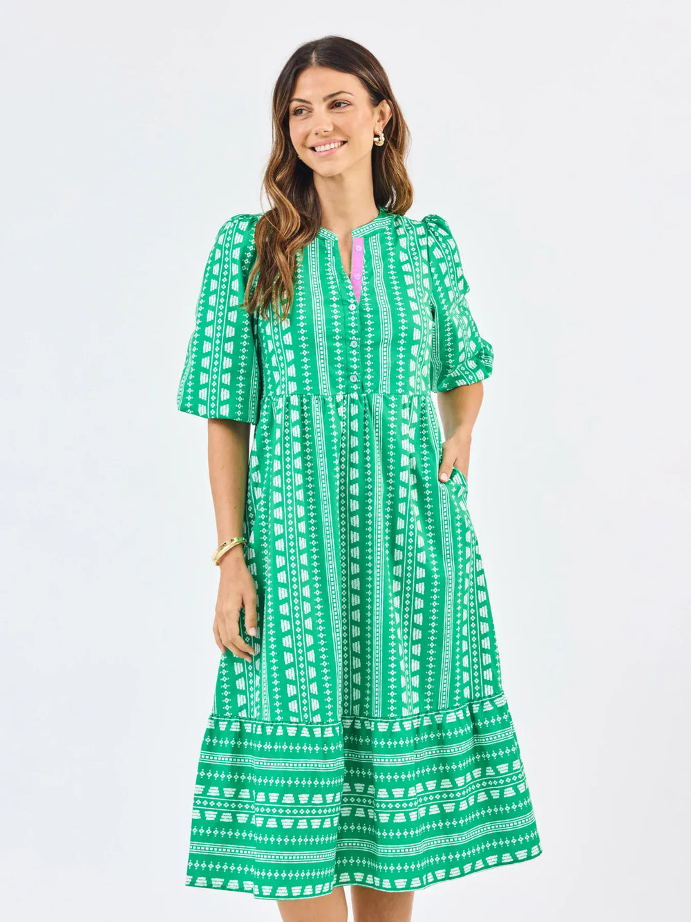 Mary Square Riley Midi Dress in Heritage Stitch Green, featuring a stylish midi length and intricate stitch design.
