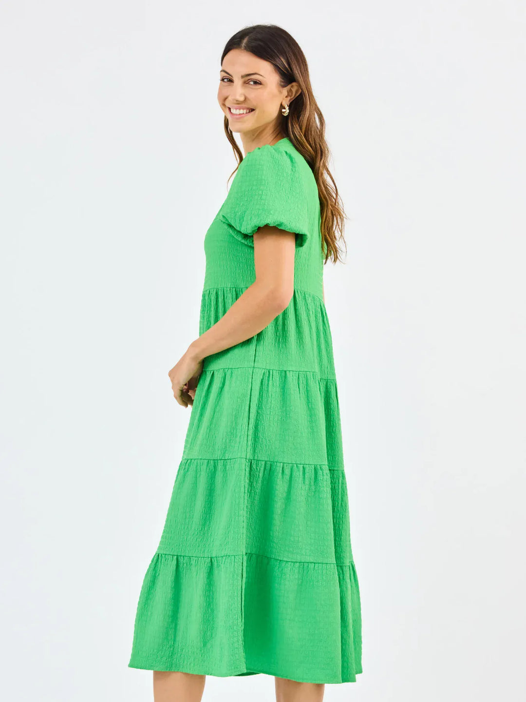 Mary Square Kinsley Midi Dress featuring a stylish, flowy design with a fitted waist and elegant neckline.