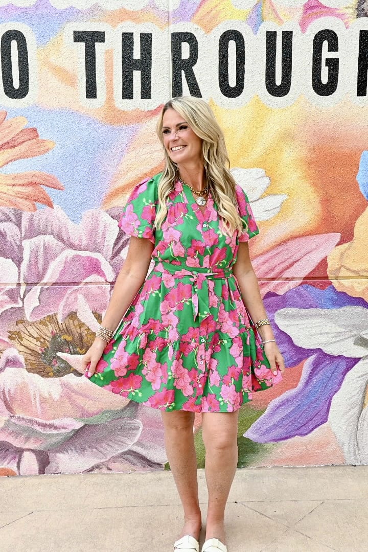Mary Square Addison Mini Dress showing a stylish, sleeveless design with a floral pattern and fitted silhouette.