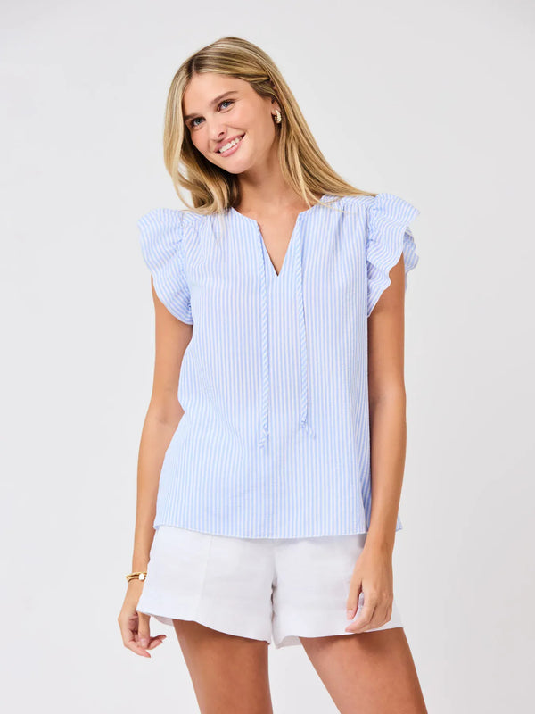Blue and white seersucker Lydia Top by Mary Square, featuring a stylish sleeveless design with a fitted silhouette.