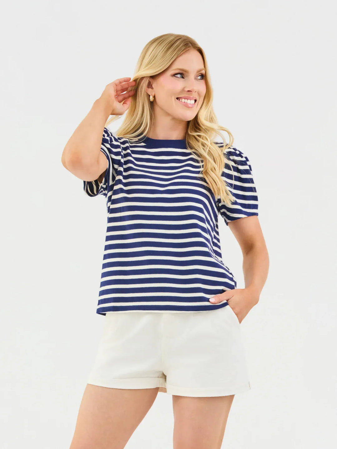 Mary Square Top Navy White Stripe / S Larissa Pleat Sleeve Tee