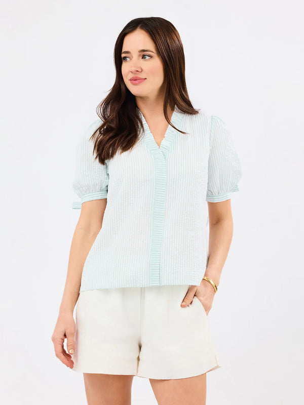 Seafoam white Mary Square Brynn Top in seersucker fabric, featuring a stylish sleeveless design and classic fit.