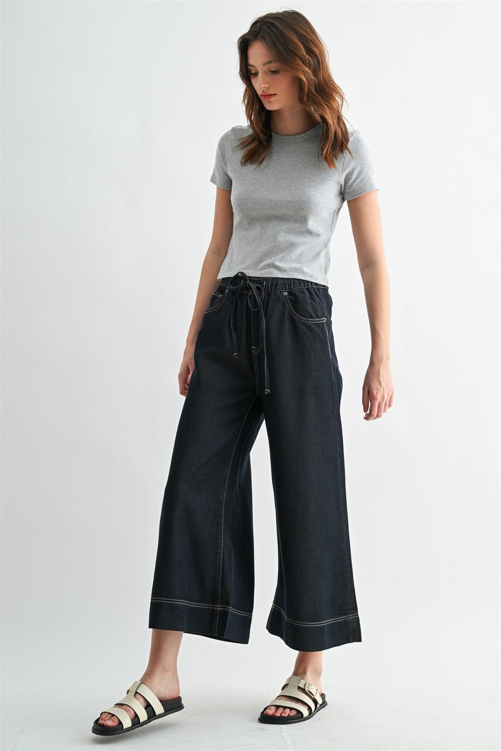 Mica Denim Leah Wide Leg Jogger in denim fabric, featuring a relaxed fit and wide-leg silhouette for casual comfort and style.
