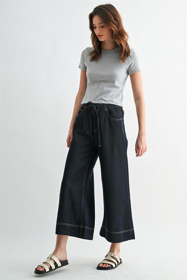 Mica Denim Leah Wide Leg Jogger in denim fabric, featuring a relaxed fit and wide-leg silhouette for casual comfort and style.