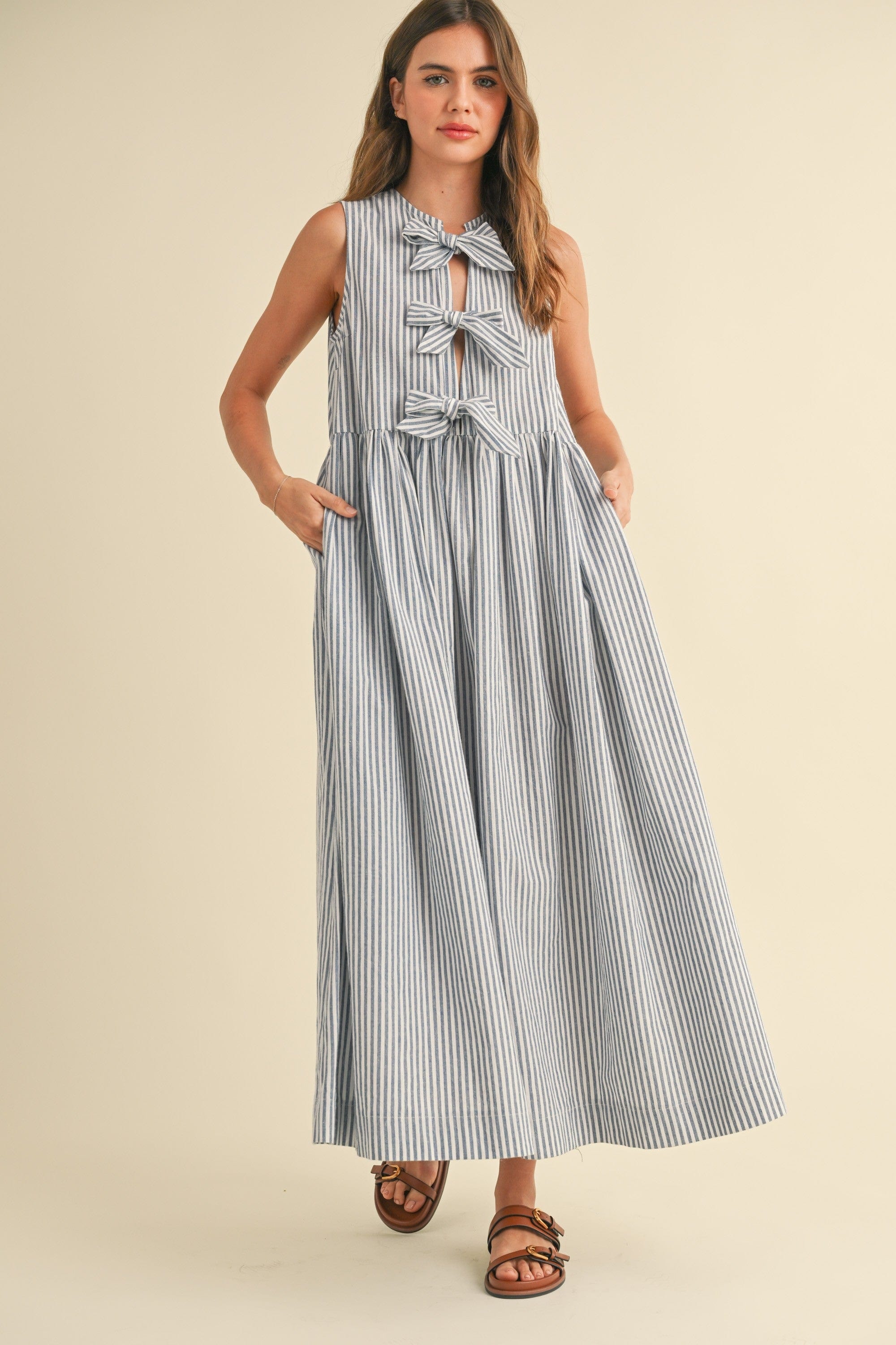 Tessa Stripe Bow Tie Dress – Teal Poppy