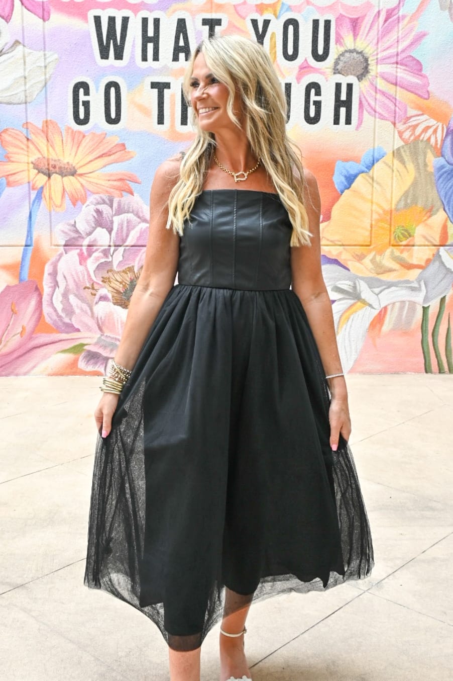 Miou Muse Elsie Mesh Skirt Dress showing a stylish dress with a mesh skirt design and elegant fit.