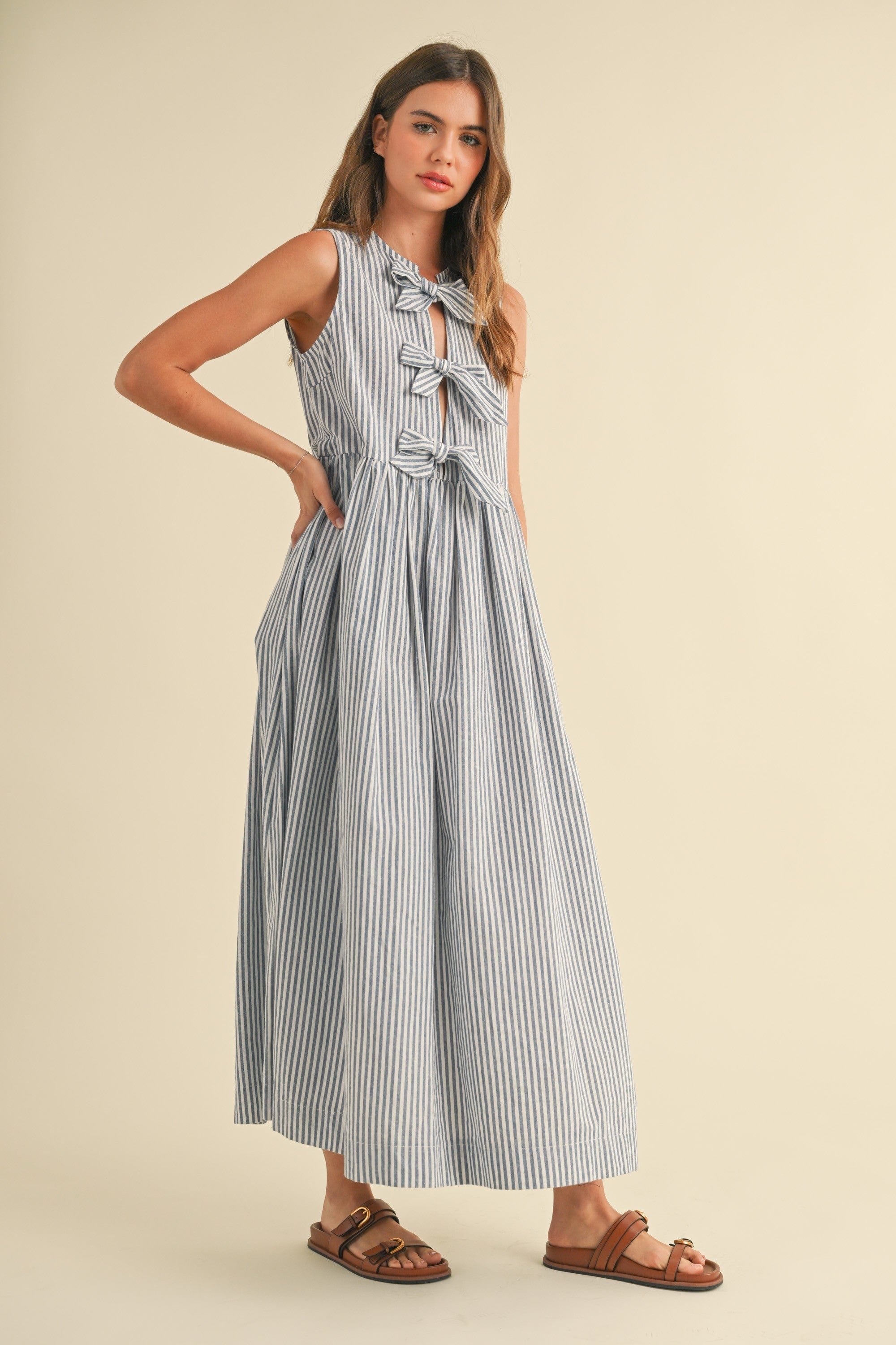 ワンピース Chuchu pleats ribbon dress gray Tessa Stripe Bow Tie Dress – Teal Poppy