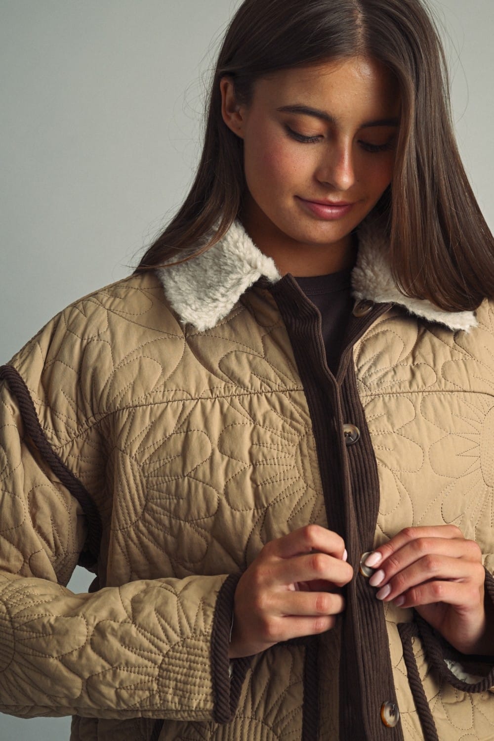 Miou Muse Mabel Floral Quilt Jacket with colorful floral pattern and quilted texture