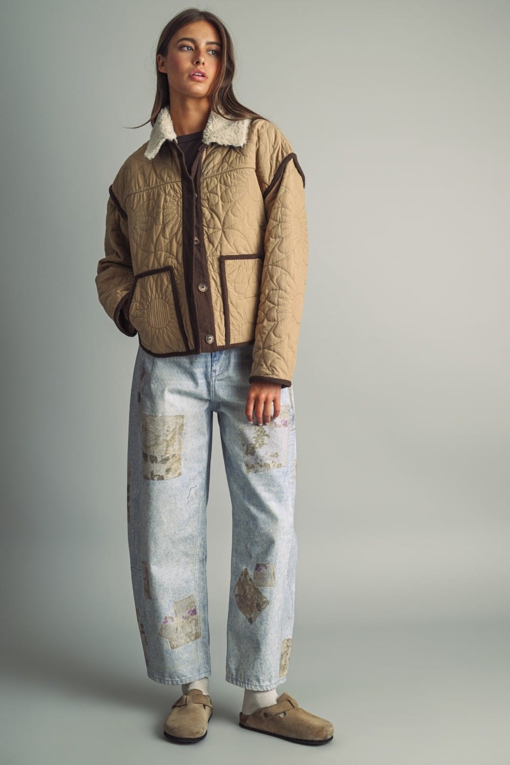 Miou Muse Mabel Floral Quilt Jacket with colorful floral pattern and quilted texture