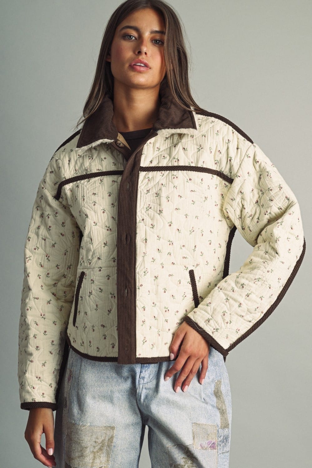 Miou Muse Mabel floral quilt jacket with all-over flower pattern and button front