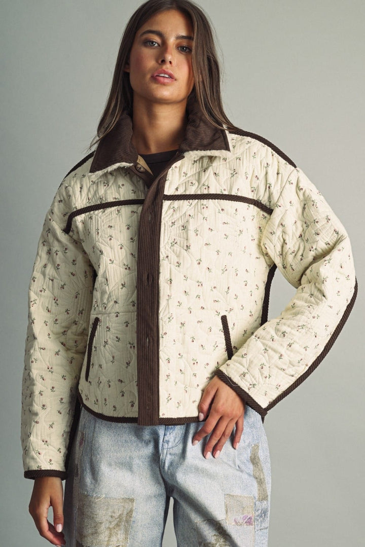 Miou Muse Mabel floral quilt jacket with all-over flower pattern and button front