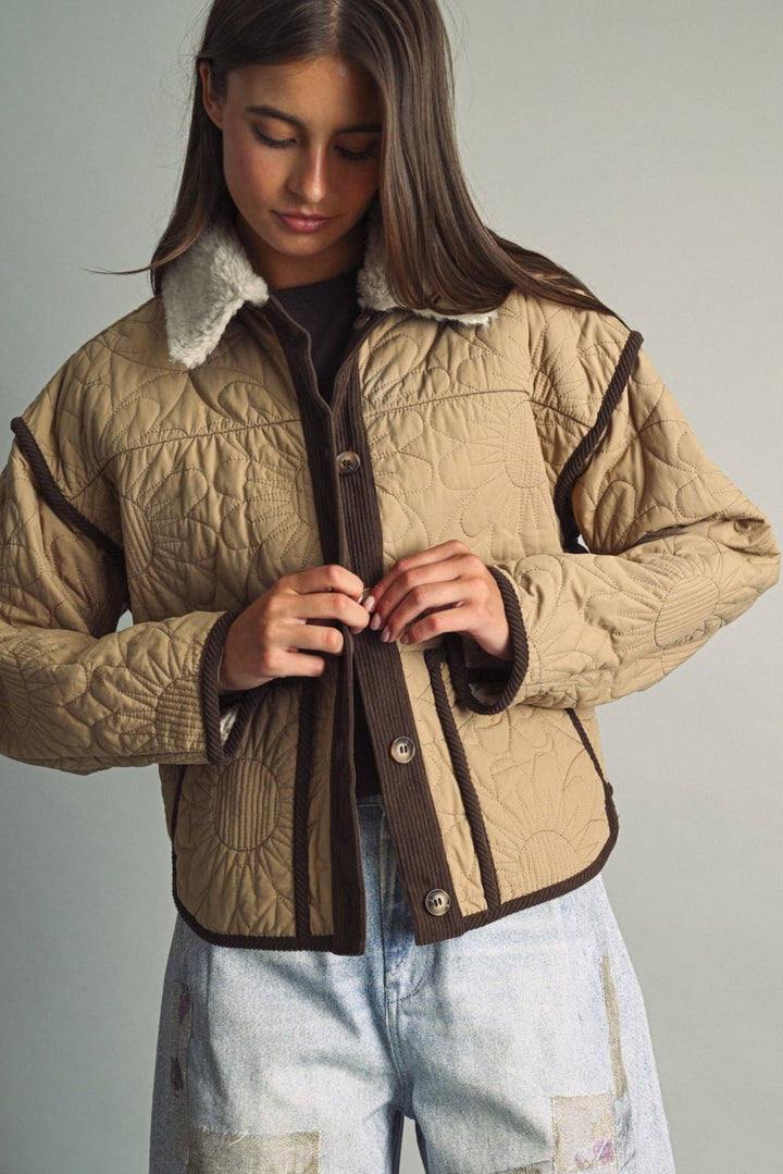 Miou Muse Mabel Floral Quilt Jacket in mocha, featuring a quilted floral pattern and button-front design