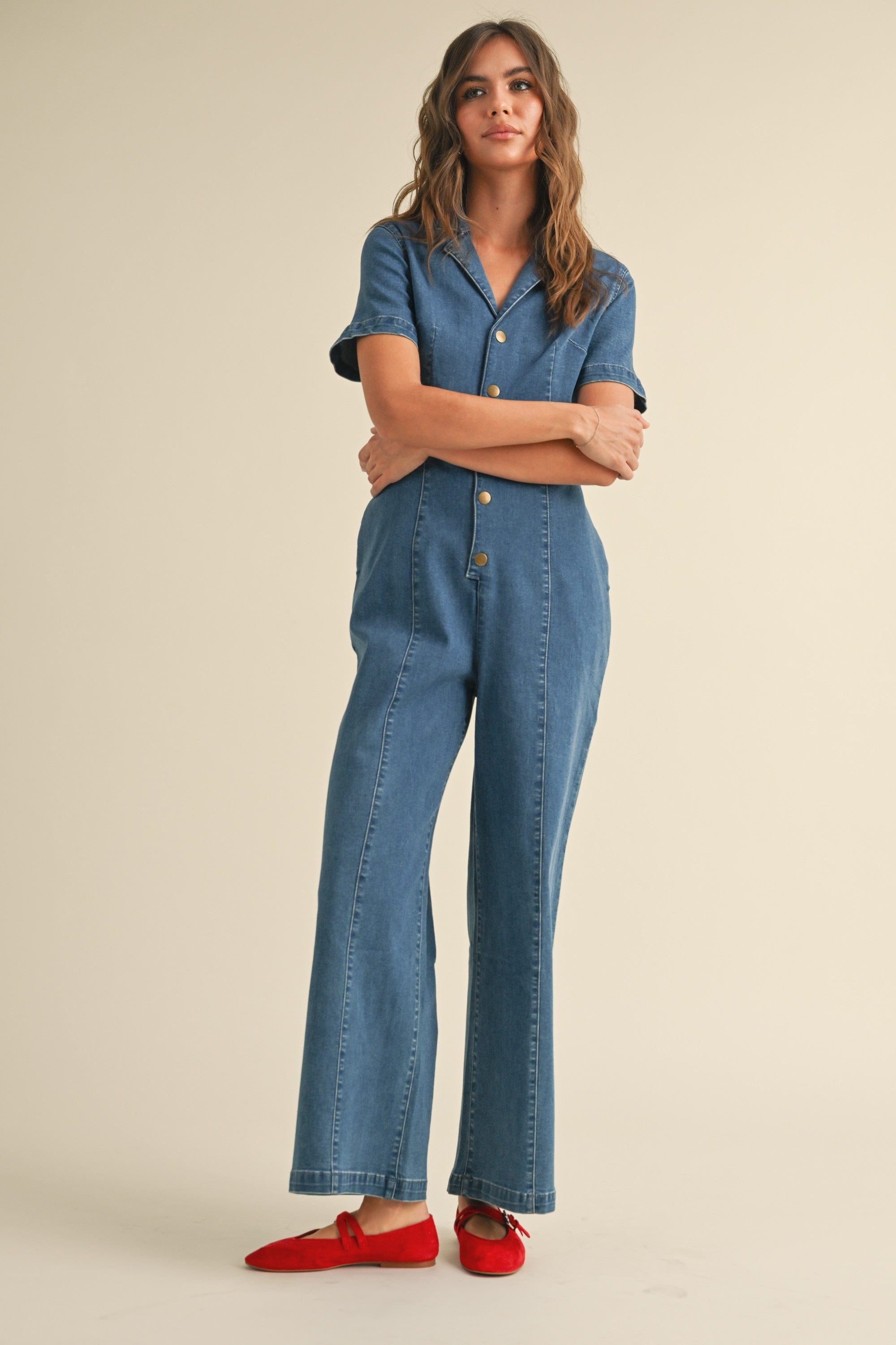 Georgia Buttondown Jumpsuit – Teal Poppy