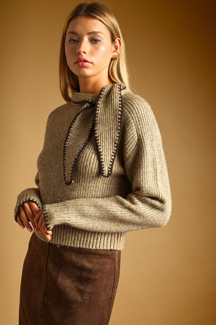 Miou Muse Ada tie neck sweater with a stylish neckline and soft knit texture
