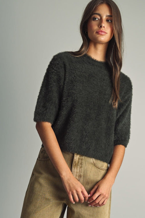 Miou Muse Natalia Fluffly crop sweater in green with a soft, fluffy texture