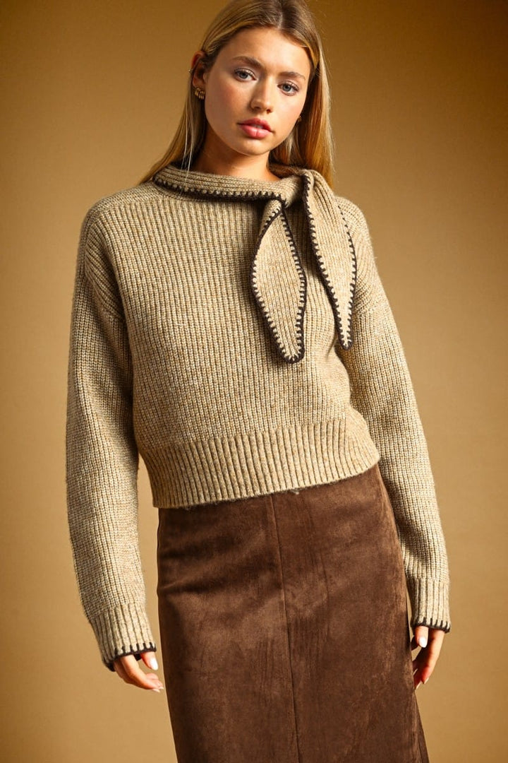 Miou Muse Ada tie-neck sweater in light mocha, featuring a soft knit design and adjustable neck ties
