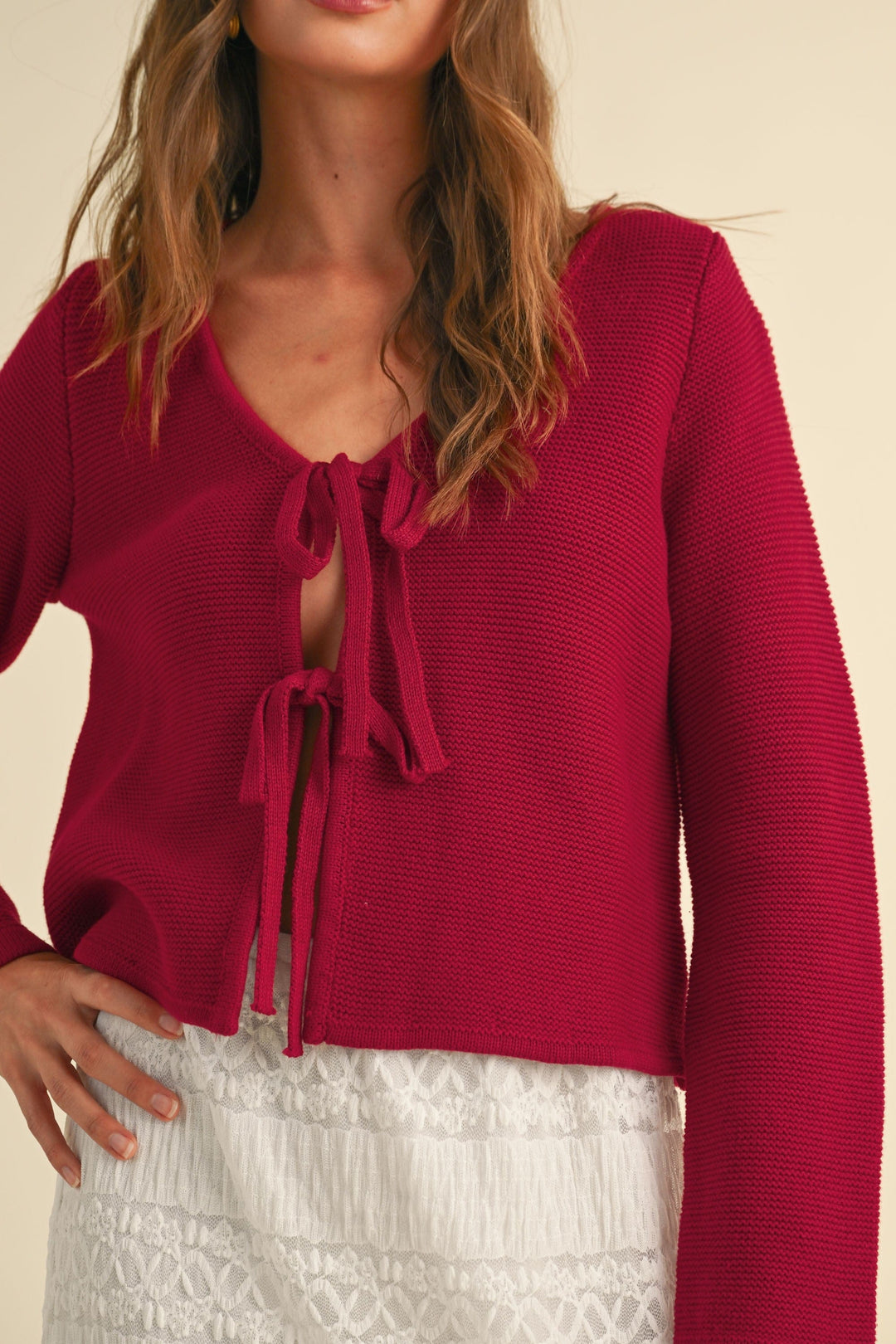 Miou Muse Sweater Red / Small Karleigh Long Sleeve Knitted Tie Front Cardigan