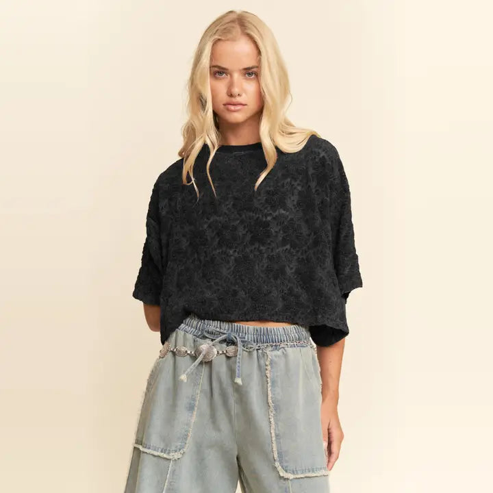 Miou Muse Lilly Plush Fur Top in black, front viewાયર