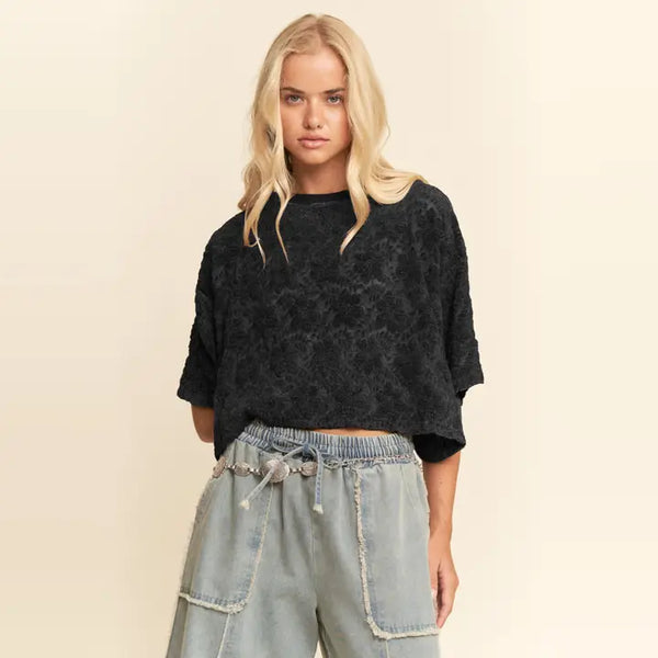 Miou Muse Lilly Plush Fur Top in black, front viewાયર