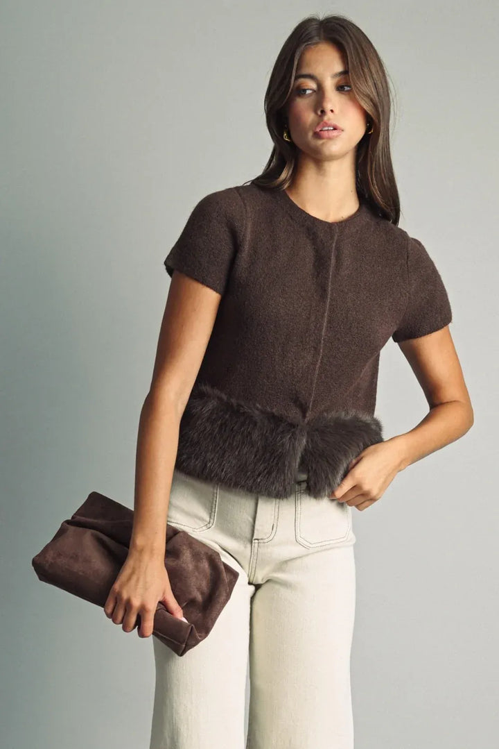 Miou Muse Nyla fur trim top in brown, front view