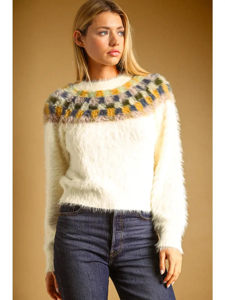 Miou Muse Valeria sweater top in ivory with a soft knit texture and long sleeves
