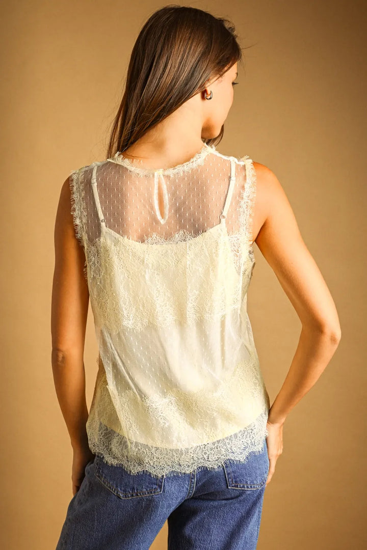 Miou Muse Top Katalina Dot-Mesh Lace Top