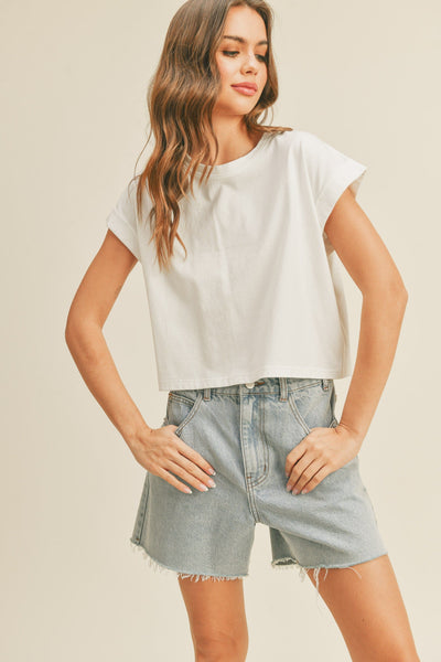 Miou Muse Top Off White / S Brooklyn Round Neck Cuffed Top