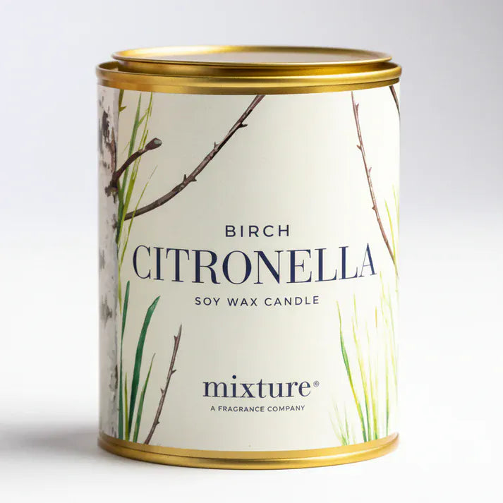 Mixture 15oz Birch Citronella Candle in a tin, natural soy wax with citronella scent, designed to repel insects and add ambiance