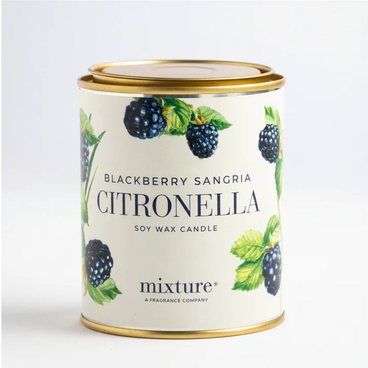 Mixture 15oz Blackberry Sangria citronella candle in black tin, natural outdoor mosquito repellent with fruity scent