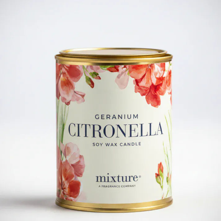 Mixture citronella candles in a 15oz tin with geranium scent, designed to repel insects and add ambiance.