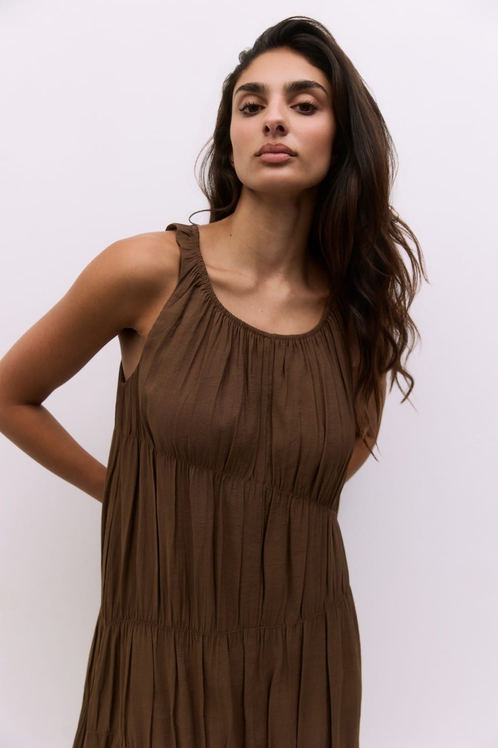 MOD REF Vittoria Midi Dress shown on a model, featuring a stylish, flowy design perfect for casual or semi-formal occasions.