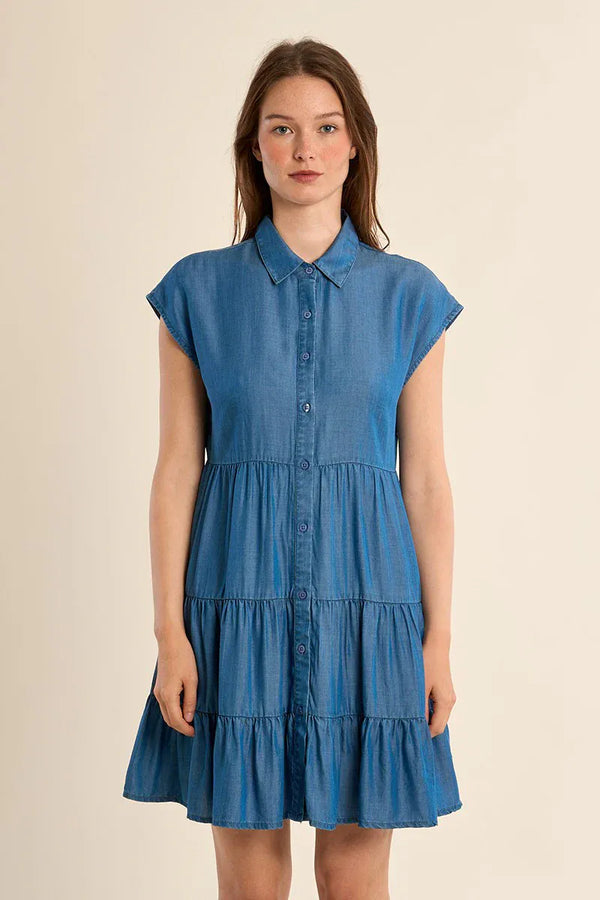 Medium blue Molly Bracken Harper Lyocell Mini Dress shown on a model, featuring a stylish mini length and lightweight fabric.