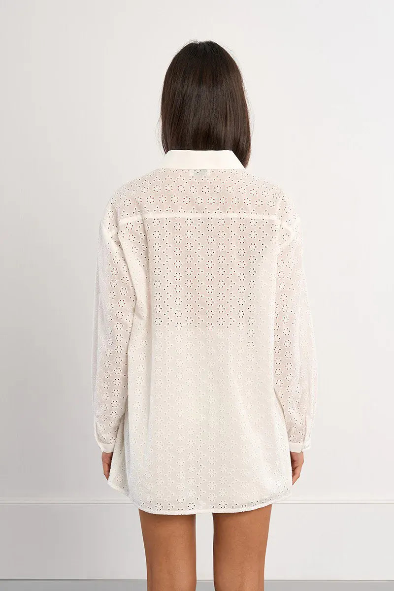 Light blue Molly Bracken Sutton Eyelet Top with eyelet details, short sleeves, and a relaxed fit.