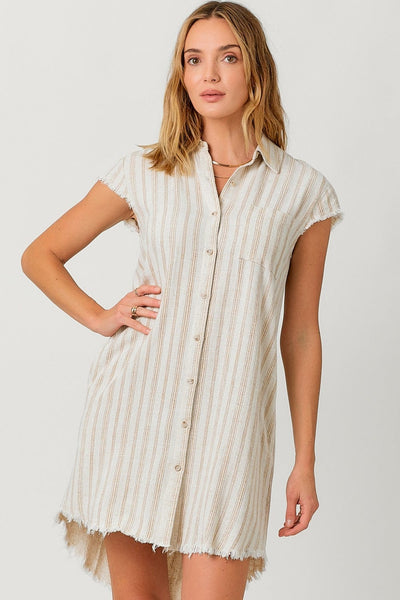 Mystree Dress Sand Stripe / S Shama Frayed Edge Linen Shirt Dress