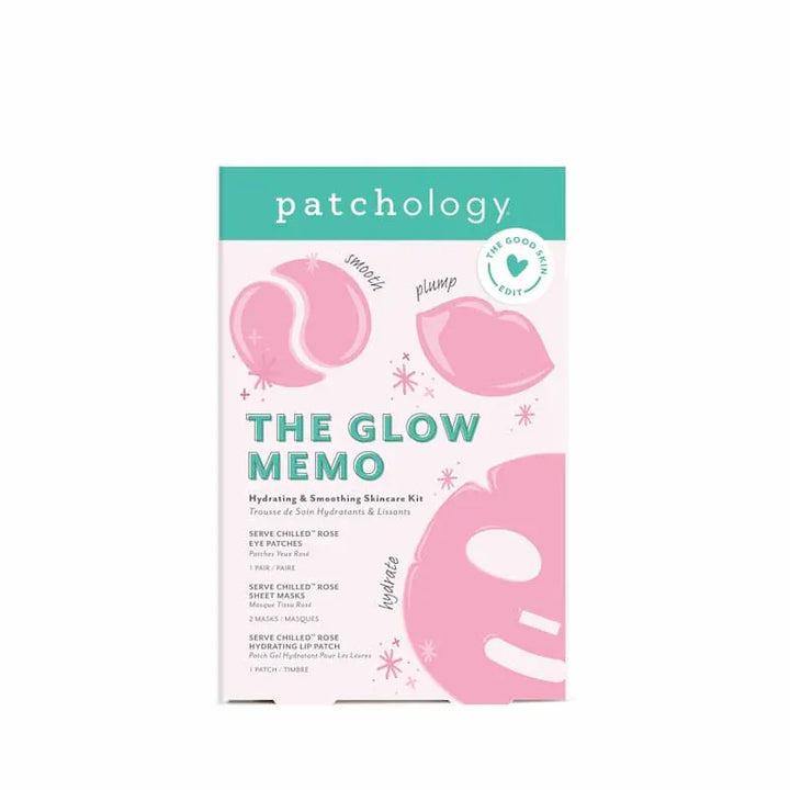 Patchology Glow Memo Skincare Kit with multiple skincare products arranged for a beauty care routine.
