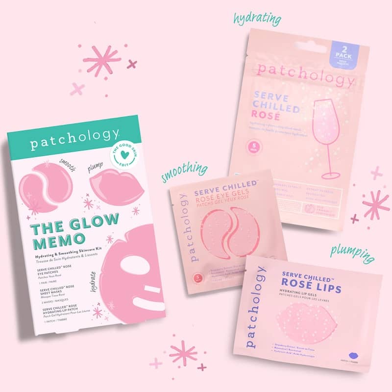 Patchology Glow Memo Skincare Kit with various beauty care products, including serums and moisturizers, displayed on a clean surface.