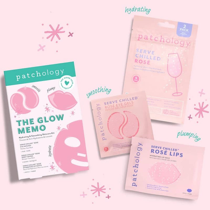 Patchology Glow Memo Skincare Kit with various beauty care products, including serums and moisturizers, displayed on a clean surface.