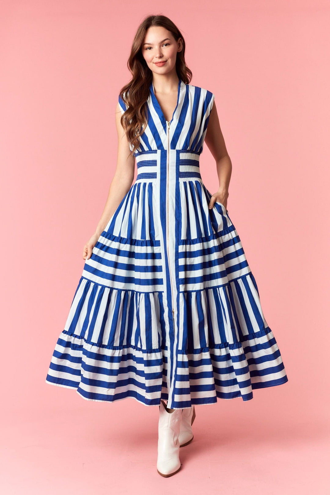 Blue Eliza Striped Maxi Dress by Peach Love California, flowing maxi dress with bold stripe pattern and sleeveless design.