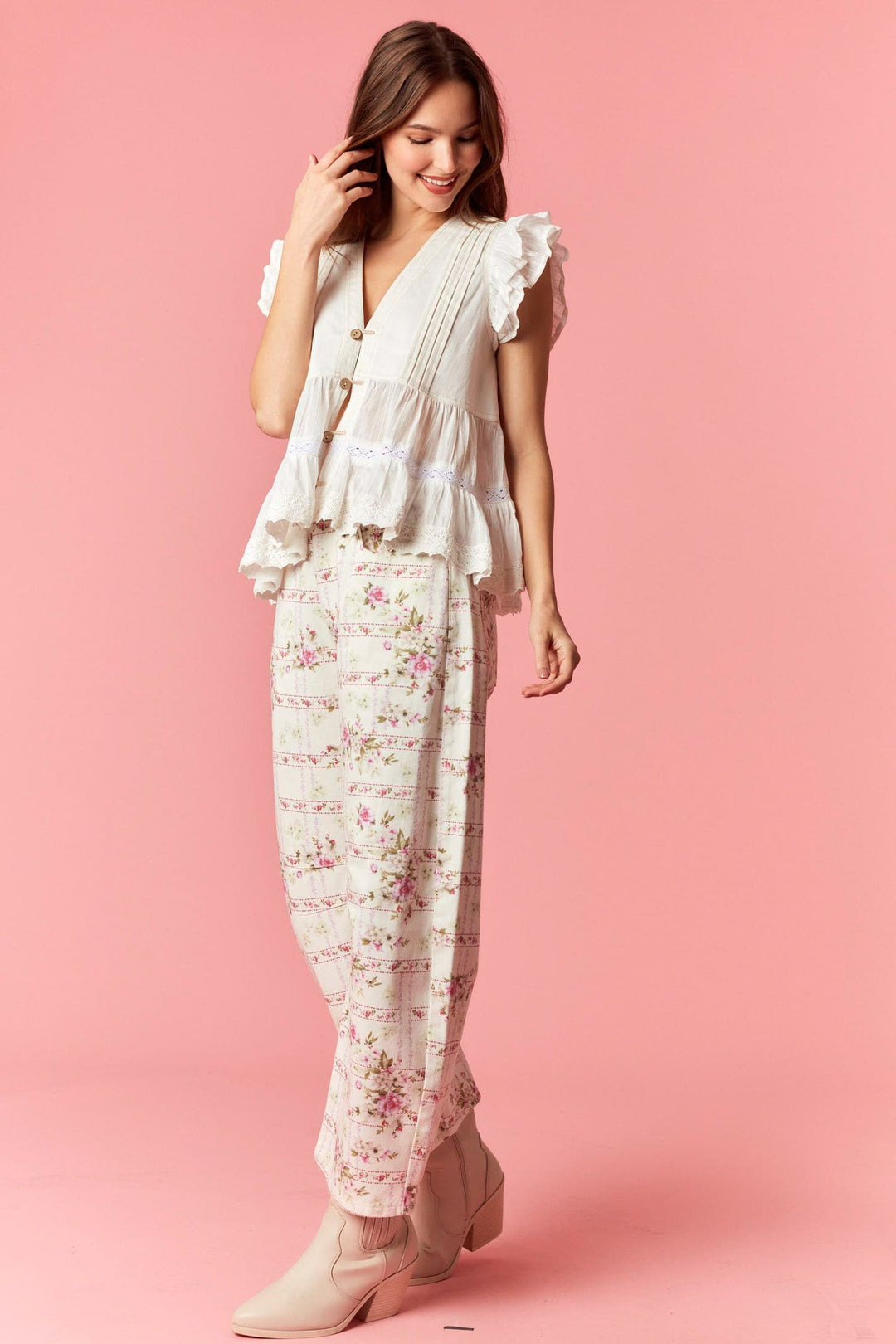 Peach Love California Top Chloe Twill Eyelet Flare Top