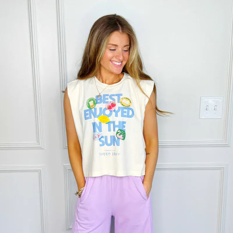 Faded cream Poppy & Pine Best Enjoyed In The Sun tank top with relaxed fit and casual style, perfect for sunny days.