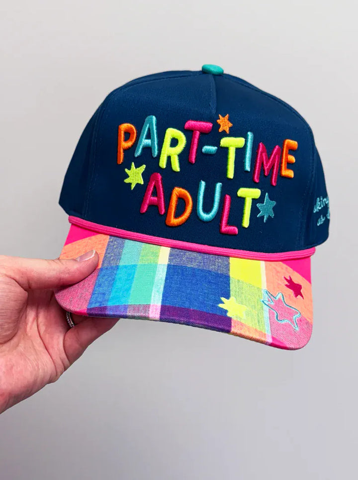 Poppy &amp; Pine part-time adult trucker hat with breathable mesh back and adjustable snap closure, casual and stylish headwear.