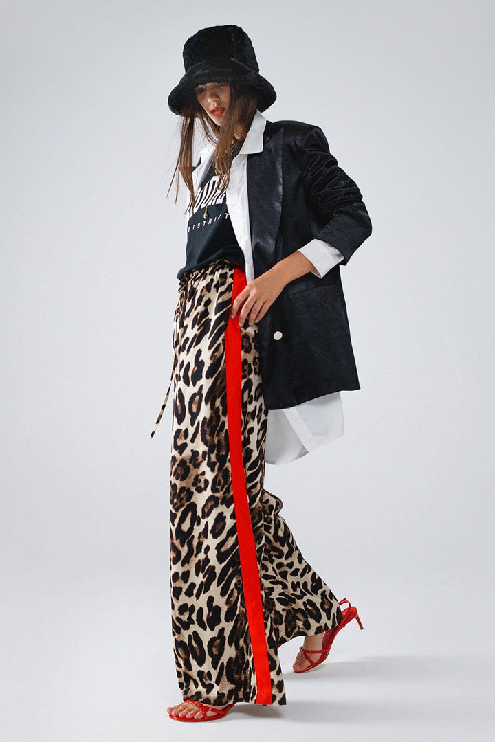 Q2 Pants Perli Leopard Straight Pants With Red Stripes